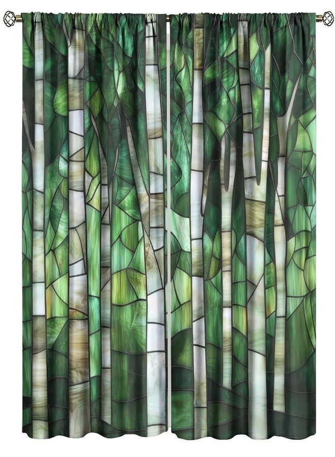 KANEPE Stained Glass Curtains, Birch Trees Green White Forest Stained Glass Retro Print Vintage Window Treatments, Rod Pocket Thermal Insulated Drapes for Bedroom Living Room, 42" W X 45" L【Decor】 - Image 1